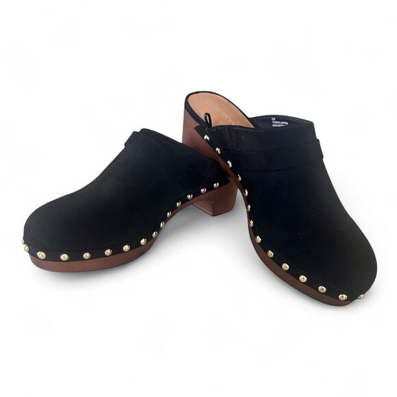 Lane Bryant Black Faux Suede Clogs Mules Gold Studs Embellishments Size 9W EUC!! - Picture 5 of 12